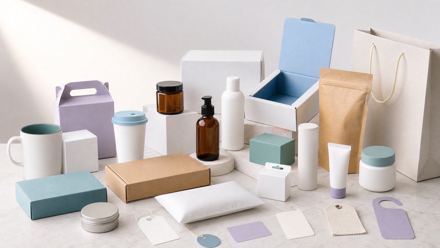 Customizable packaging and merchandise samples arranged for product catalog browsing