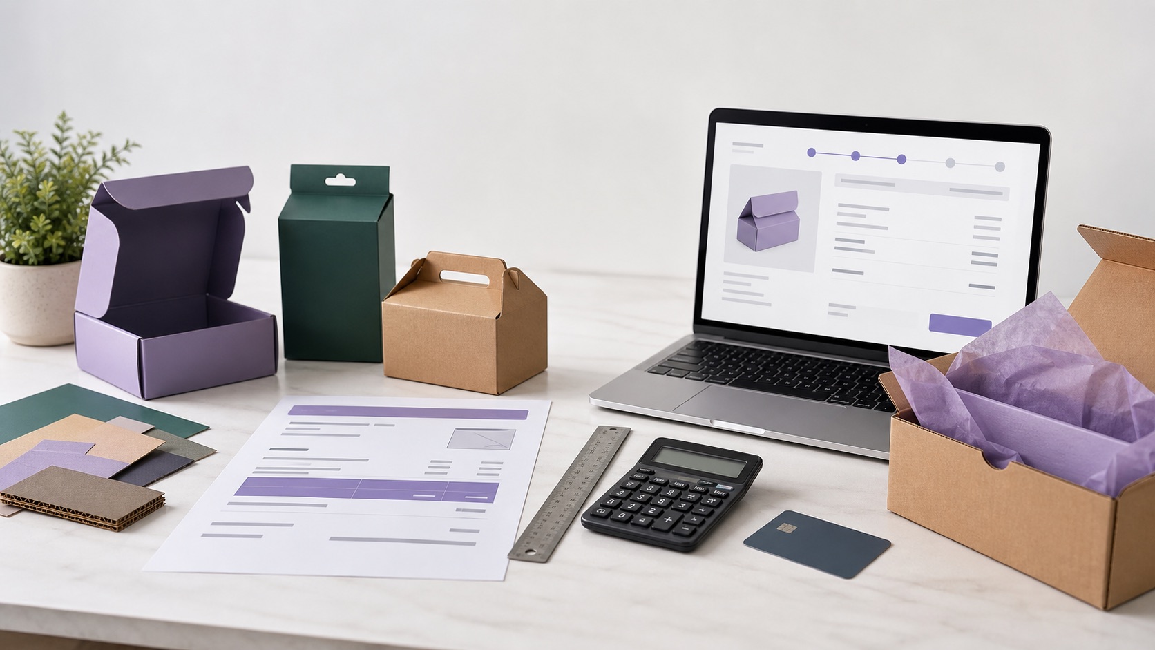 Custom packaging quote workflow with product samples, quote sheet, ruler, and order review screen